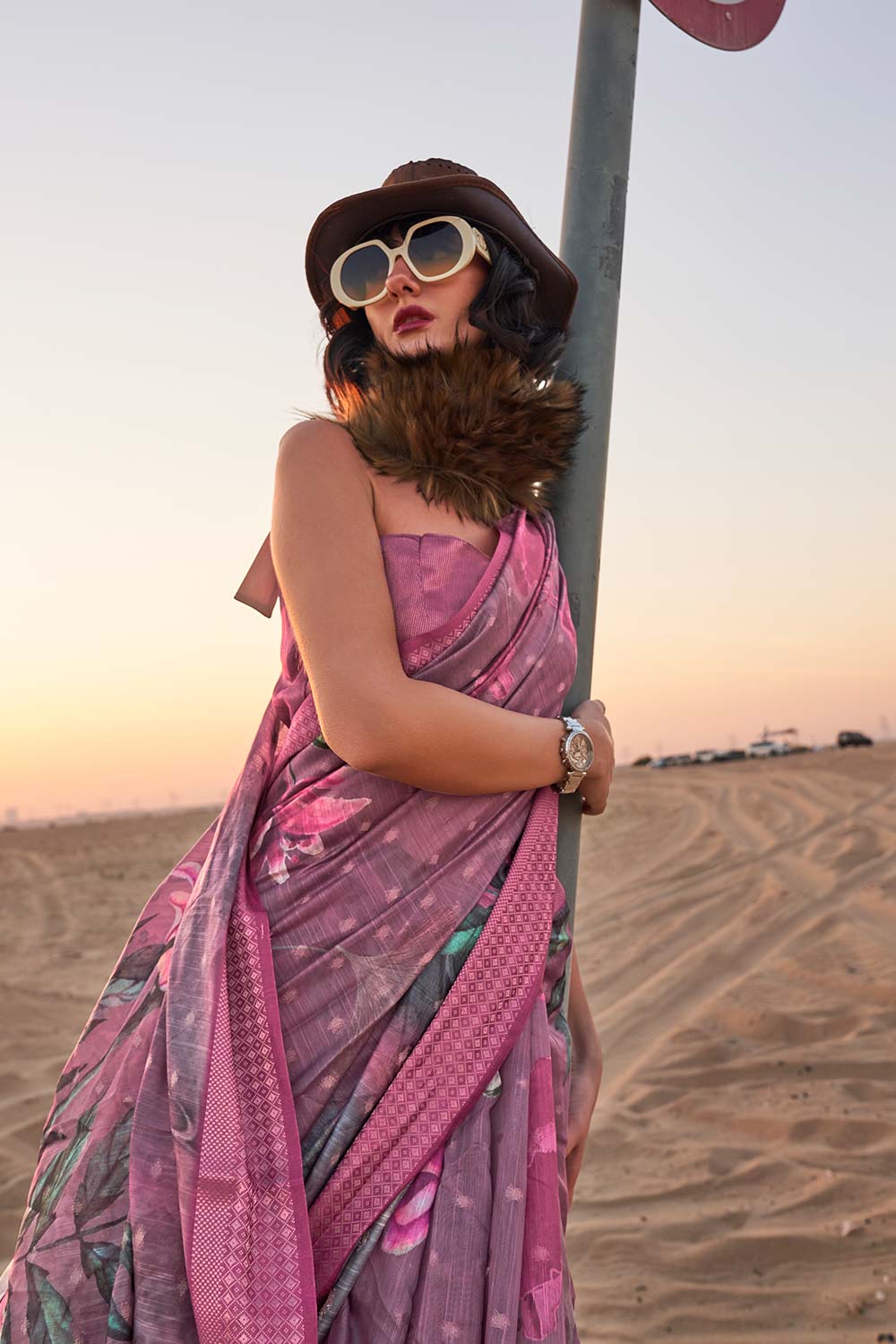 Buy Kaffyn Dark Pink Linen Designer One Minute Saree Online