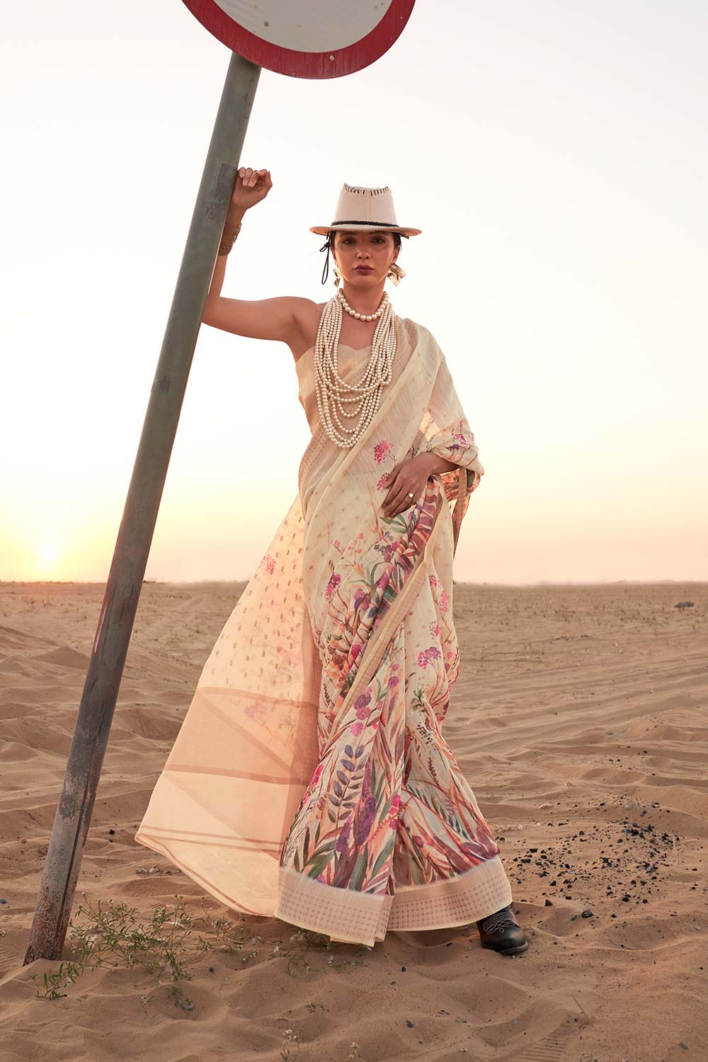 Buy Kaffyn Cream Linen Designer One Minute Saree Online - Back