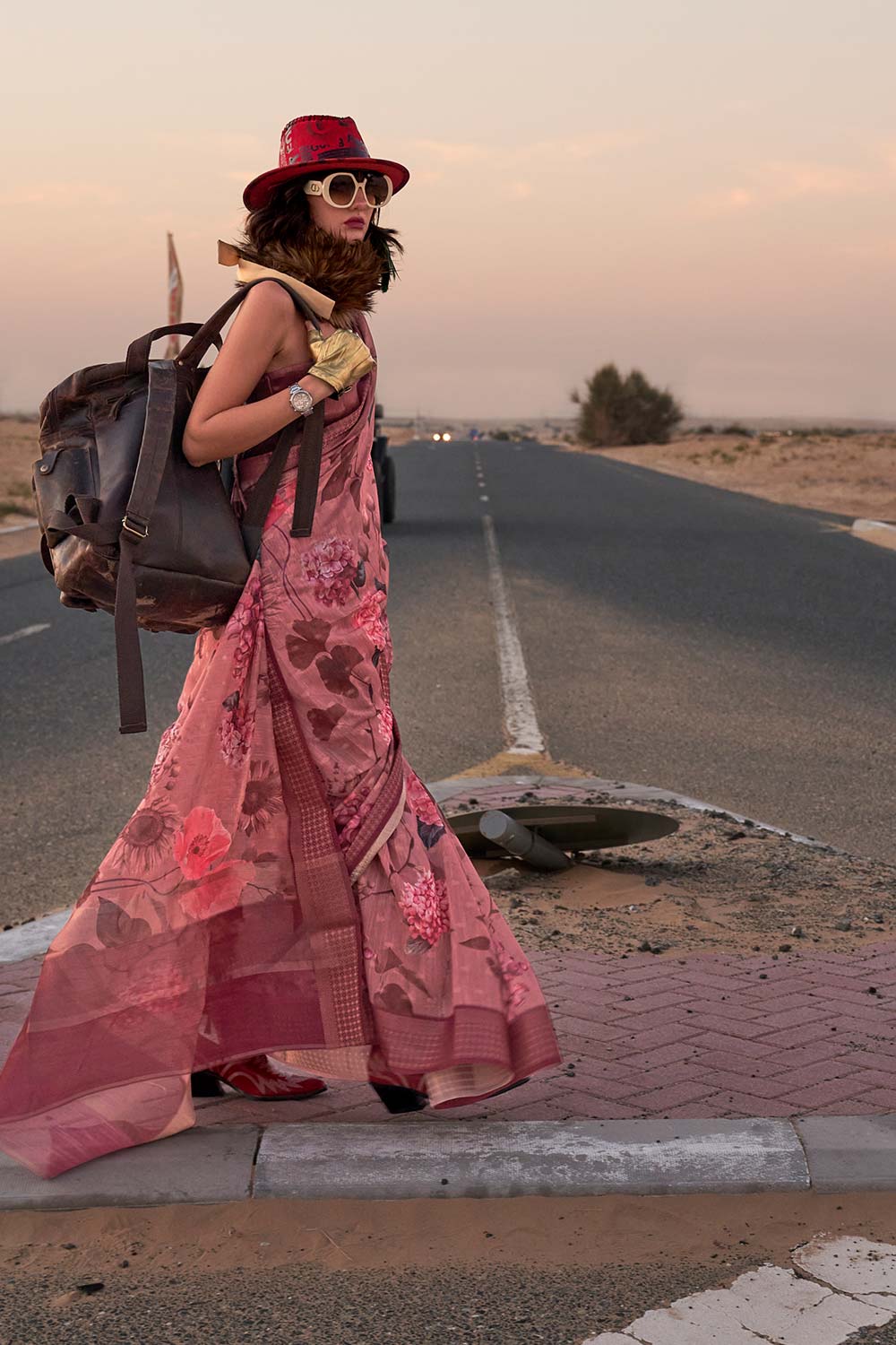 Daria Pink Linen Floral One Minute Saree