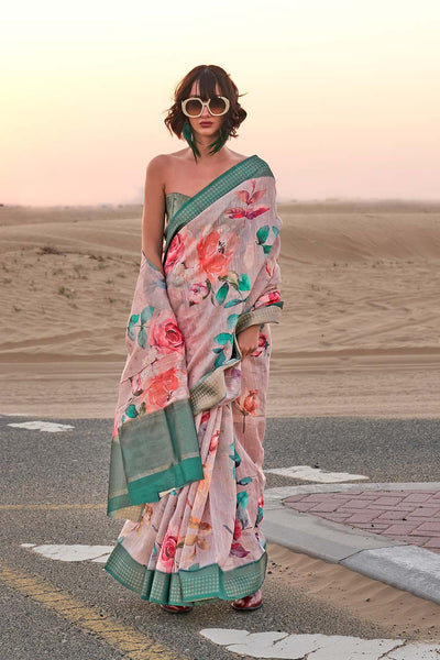 Buy Kaffyn Light Pink Linen Designer One Minute Saree Online - Back