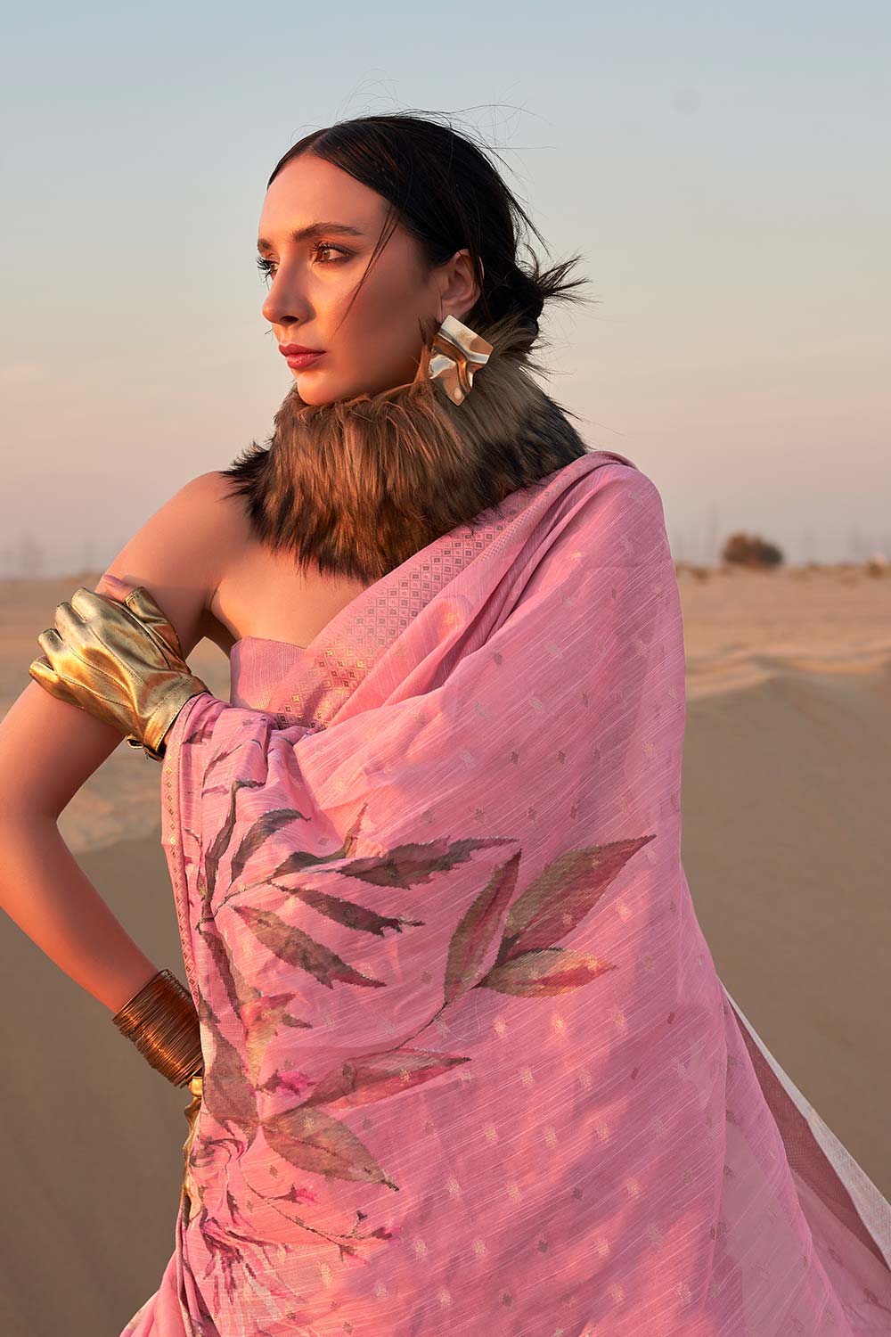 Buy Kaffyn Baby Pink Linen Designer One Minute Saree Online
