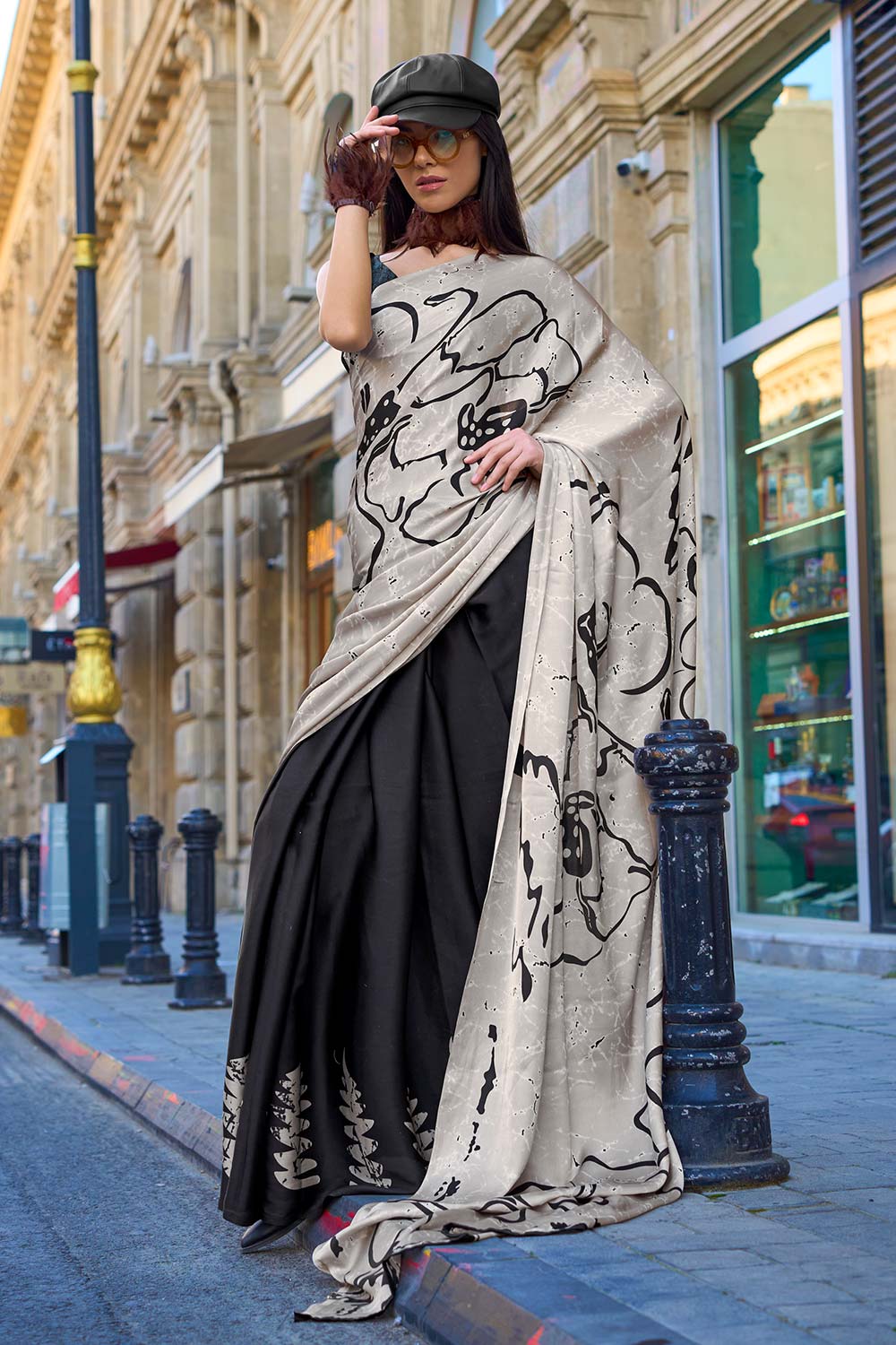 Buy Black Satin Crepe Printed One Minute Saree Online