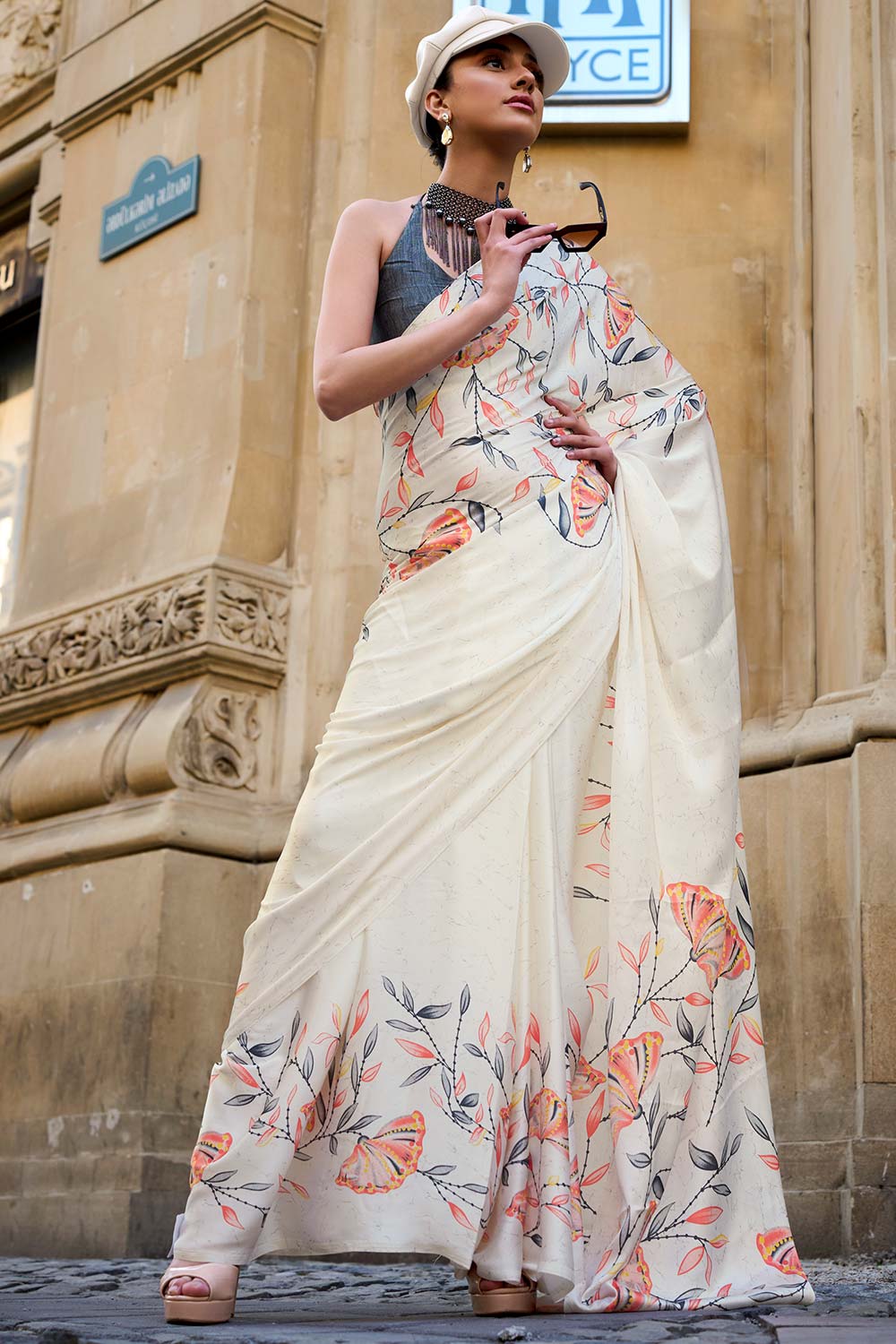 Buy Off-White Satin Crepe Printed One Minute Saree Online