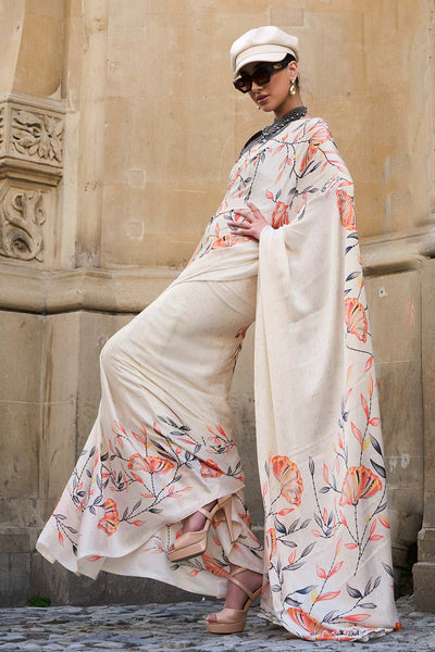 Buy Off-White Satin Crepe Printed One Minute Saree Online - Back