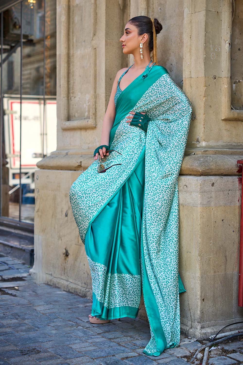 Buy Green Satin Crepe Printed One Minute Saree Online