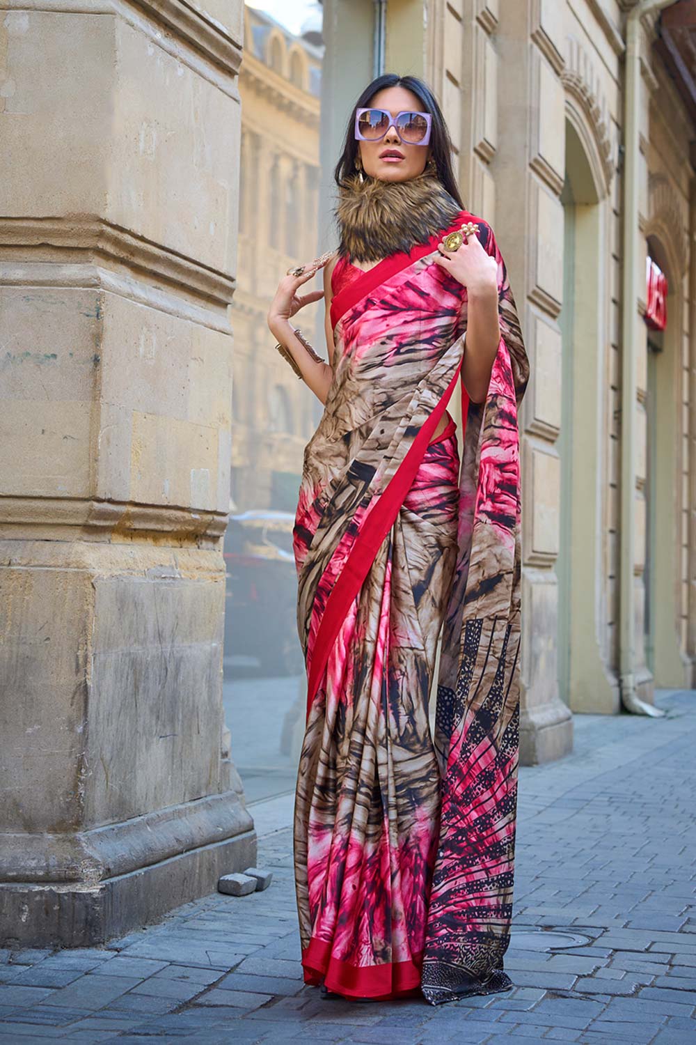 Buy Brown Satin Crepe Printed One Minute Saree Online