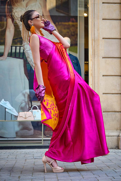 Buy Pink Satin Crepe Printed One Minute Saree Online - Back