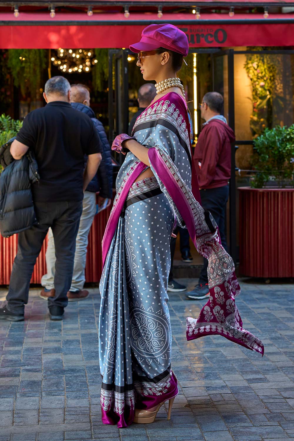 Buy Grey Satin Crepe Printed One Minute Saree Online - Back