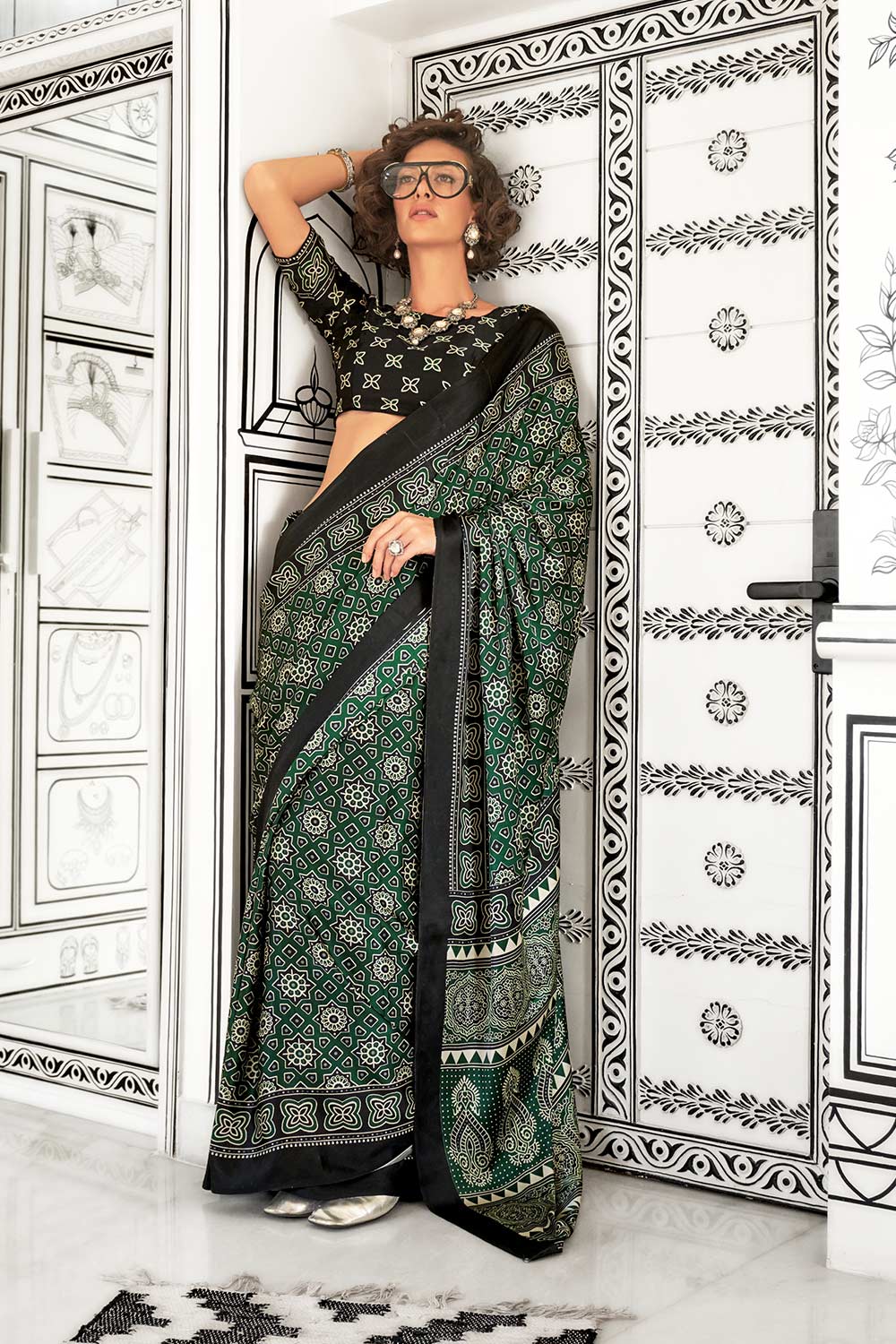 Lira Ajrakh Green Satin Crepe Printed One Minute Saree