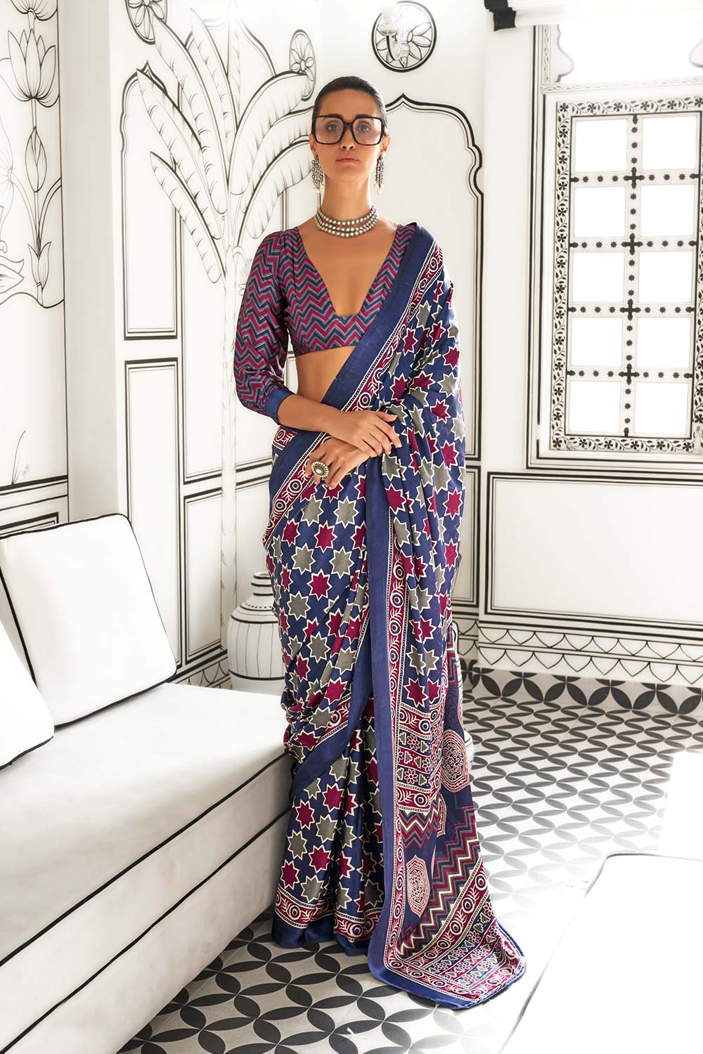 Trina Ajrakh Blue Satin Crepe Printed One Minute Saree