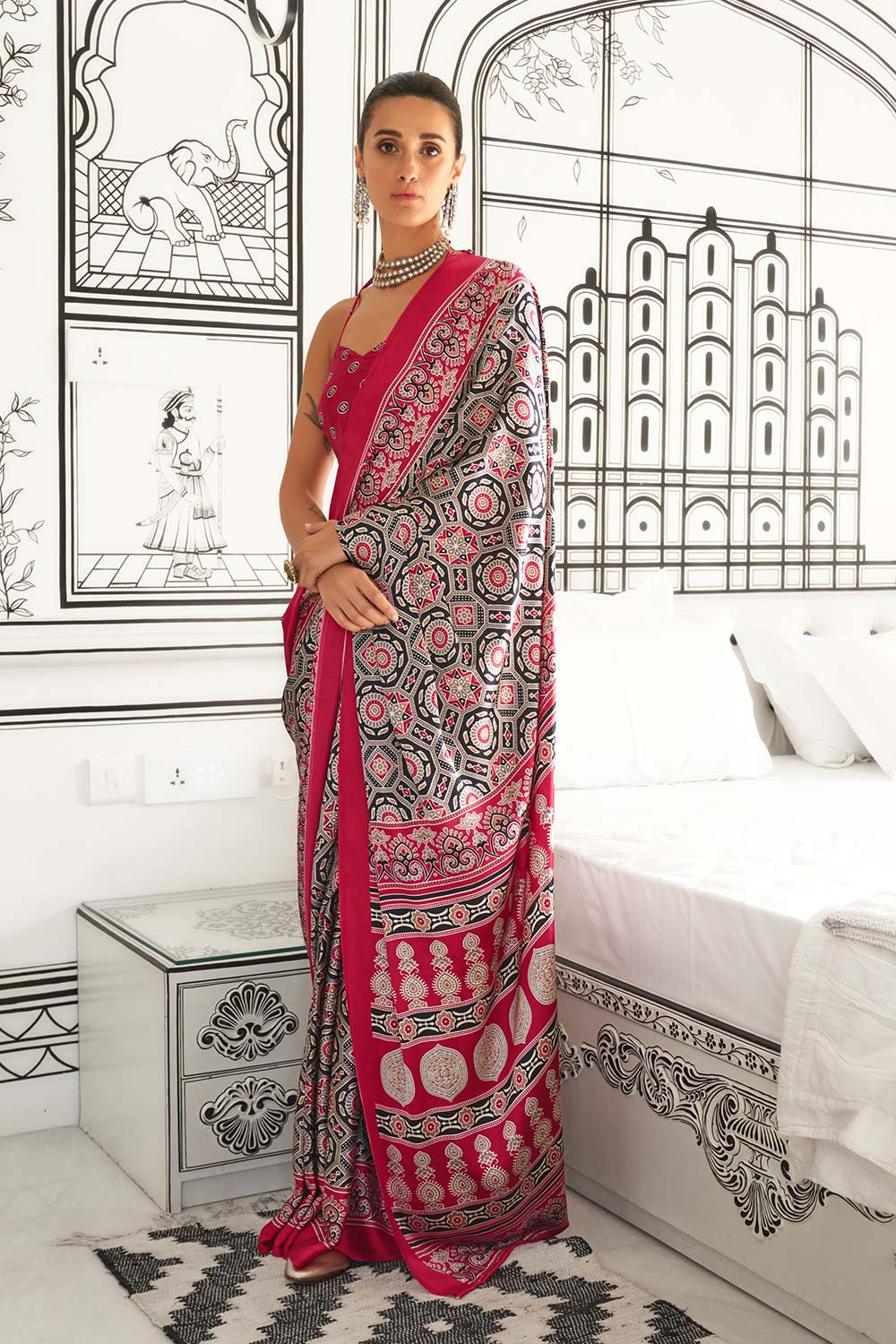 Zoya Ajrakh Red Satin Crepe Printed One Minute Saree