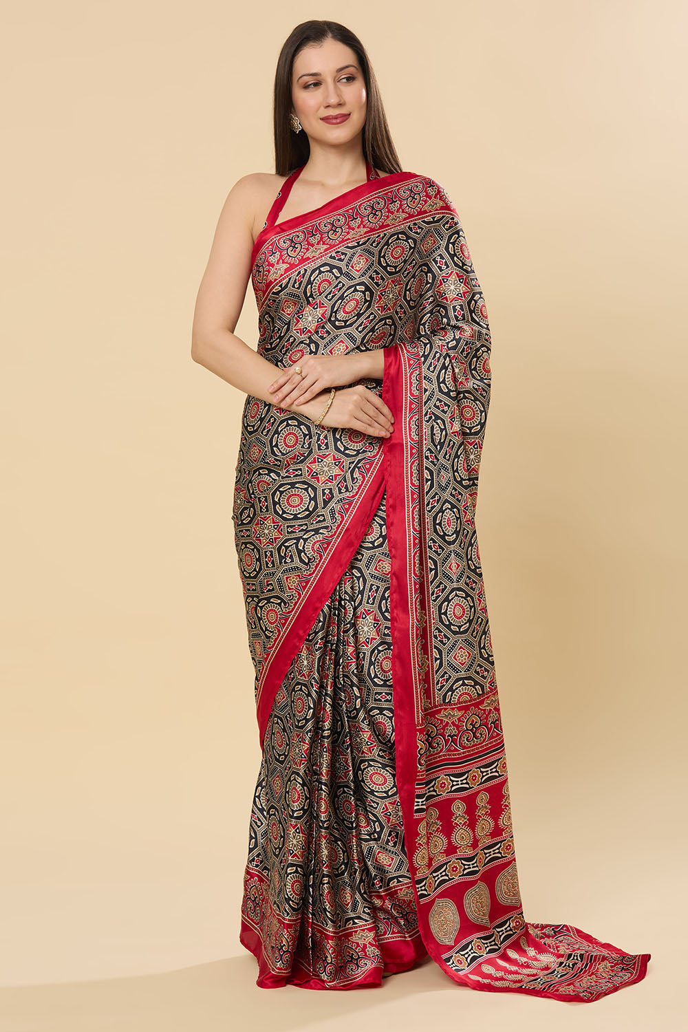 Zoya Ajrakh Red Satin Crepe Printed One Minute Saree