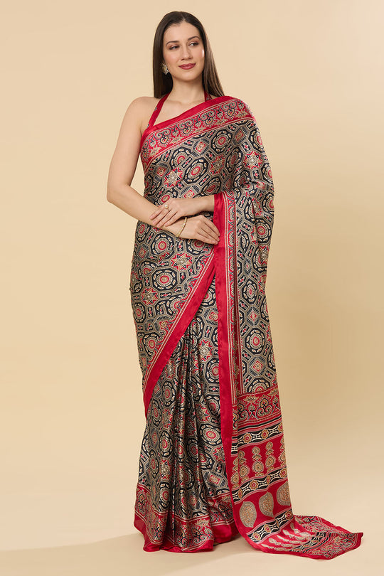 Zoya Ajrakh Red Satin Crepe Printed One Minute Saree