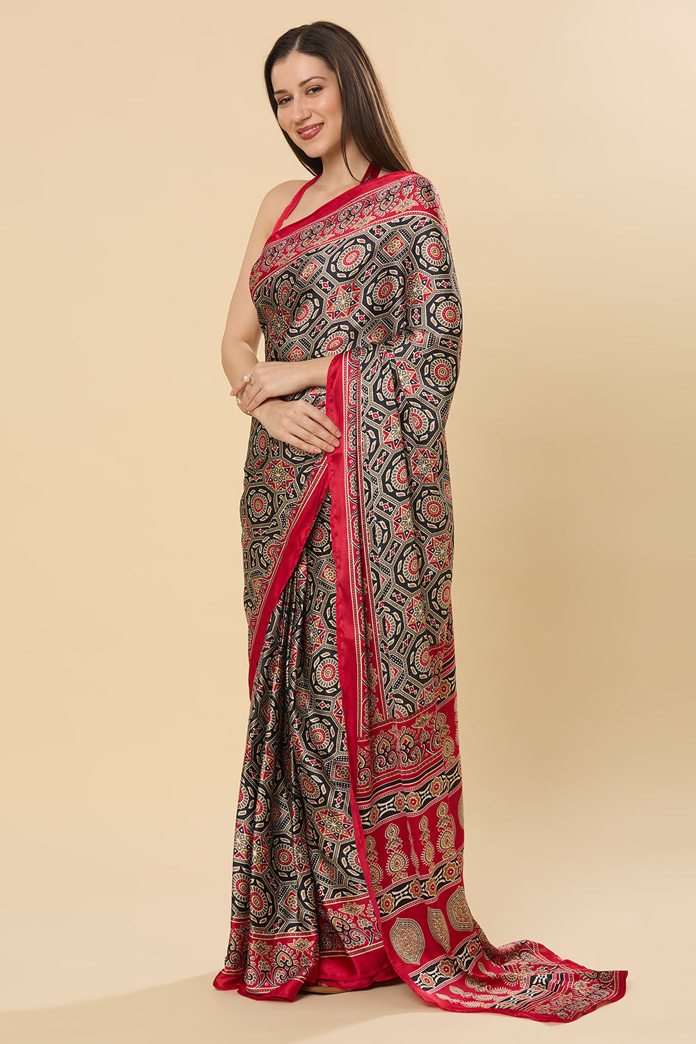Zoya Ajrakh Red Satin Crepe Printed One Minute Saree