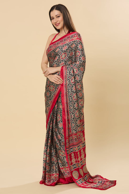 Zoya Ajrakh Red Satin Crepe Printed One Minute Saree