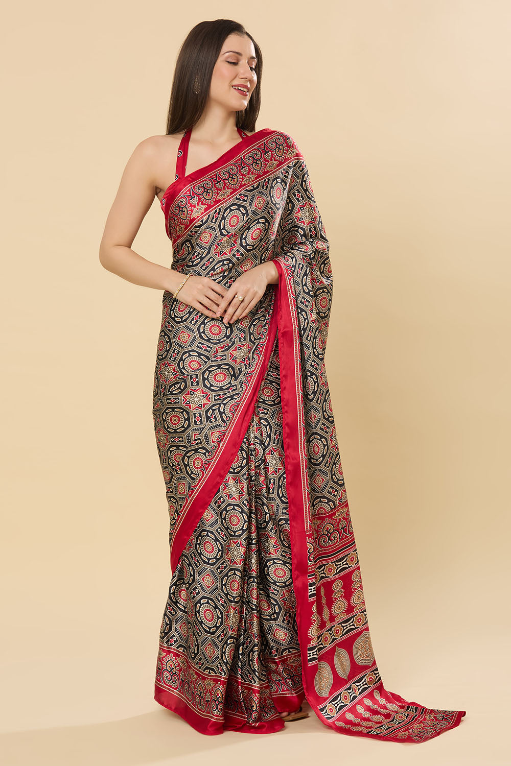 Zoya Ajrakh Red Satin Crepe Printed One Minute Saree