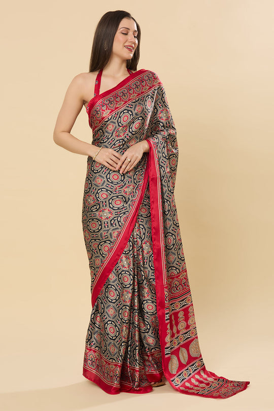 Zoya Ajrakh Red Satin Crepe Printed One Minute Saree