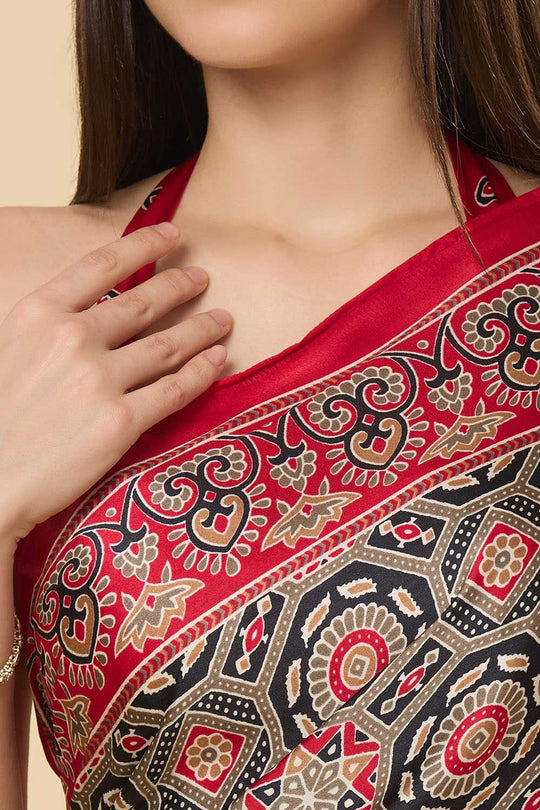 Zoya Ajrakh Red Satin Crepe Printed One Minute Saree