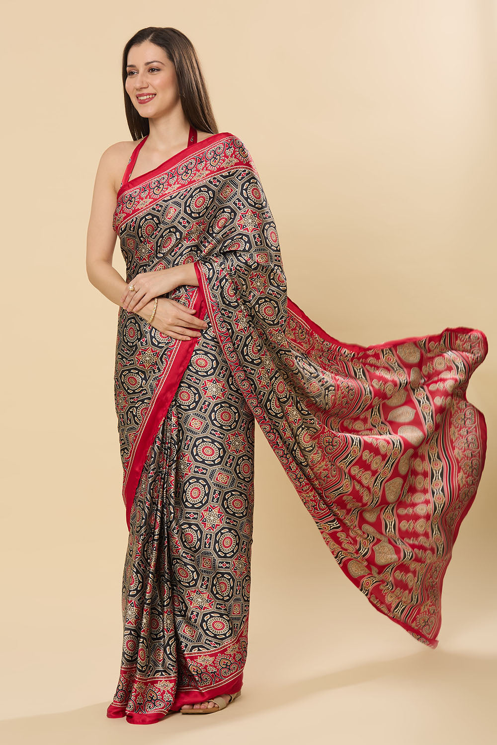Zoya Ajrakh Red Satin Crepe Printed One Minute Saree