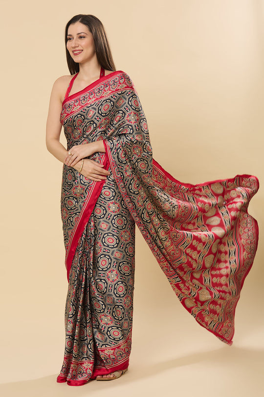 Zoya Ajrakh Red Satin Crepe Printed One Minute Saree