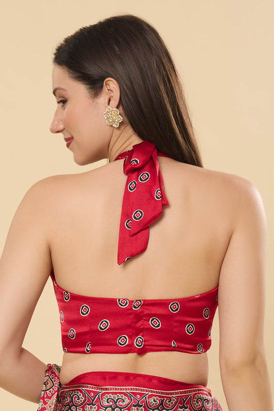 Zoya Ajrakh Red Satin Crepe Printed One Minute Saree