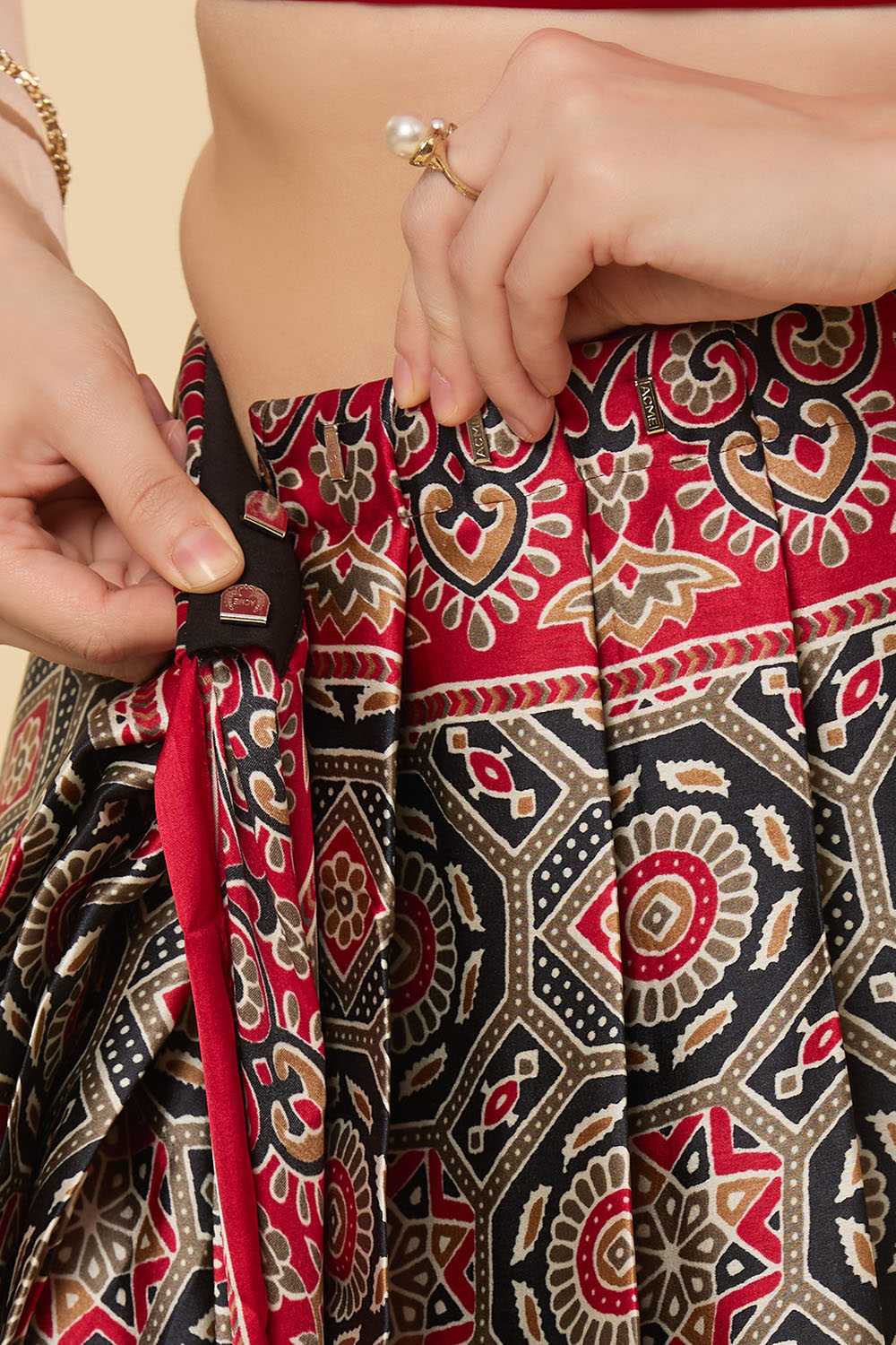 Zoya Ajrakh Red Satin Crepe Printed One Minute Saree