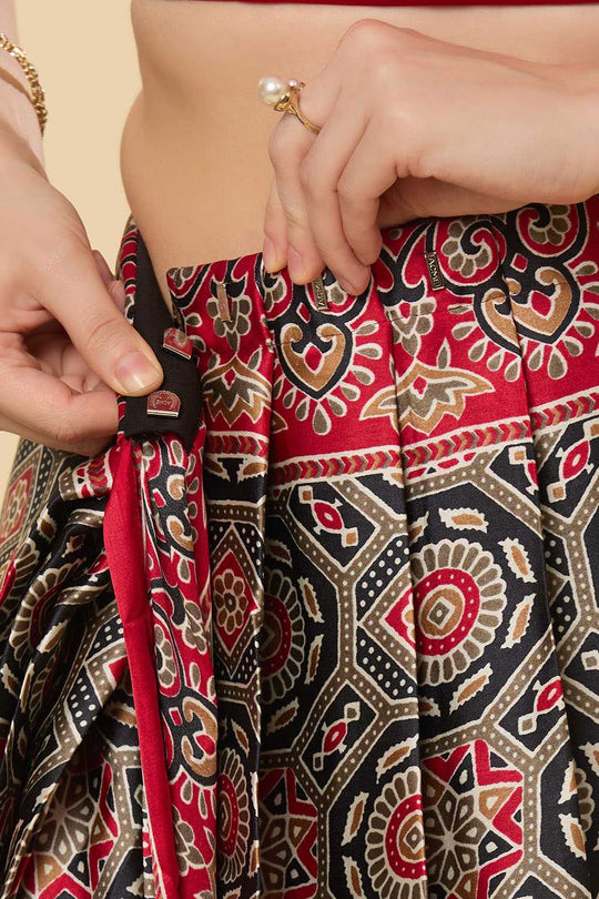 Zoya Ajrakh Red Satin Crepe Printed One Minute Saree