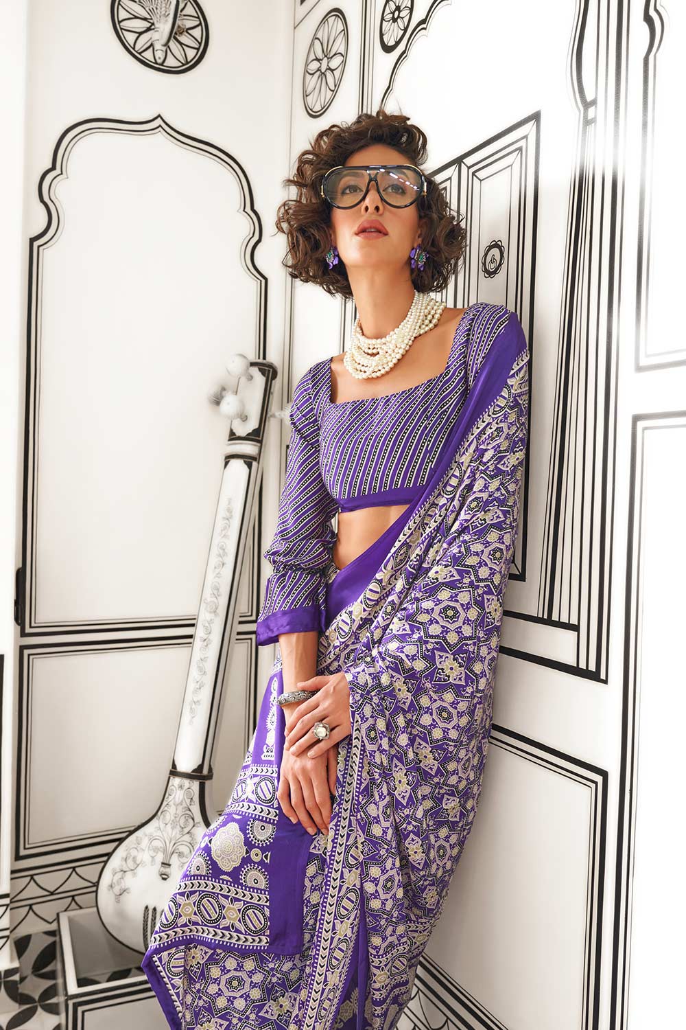 Nisha Ajarakh Lavender Satin Crepe Printed One Minute Saree