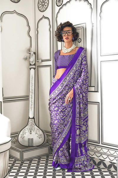 Nisha Ajarakh Lavender Satin Crepe Printed One Minute Saree