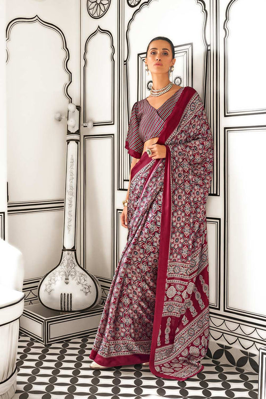 Tina Ajrakh Maroon Satin Crepe Printed One Minute Saree