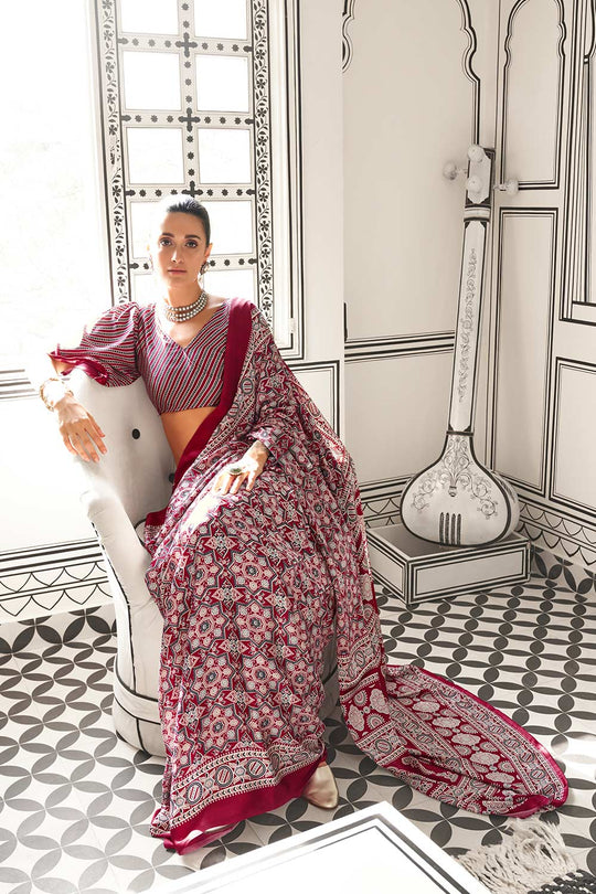 Tina Ajrakh Maroon Satin Crepe Printed One Minute Saree