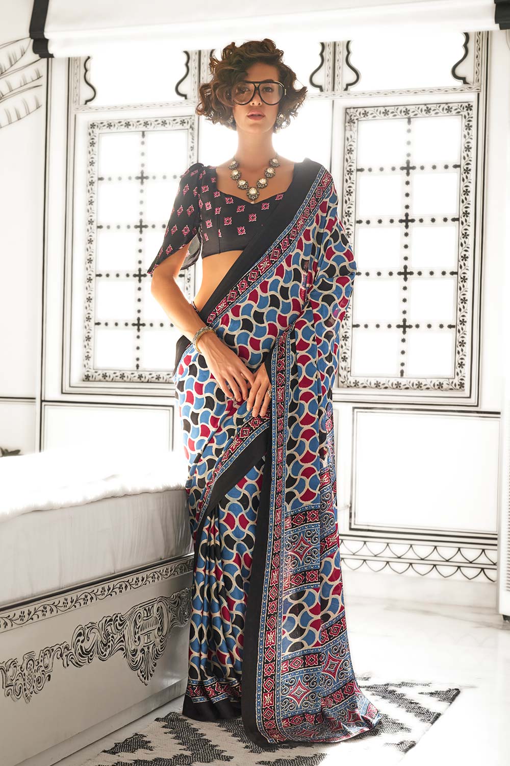 Ojas Ajrakh Grey Satin Crepe Printed One Minute Saree
