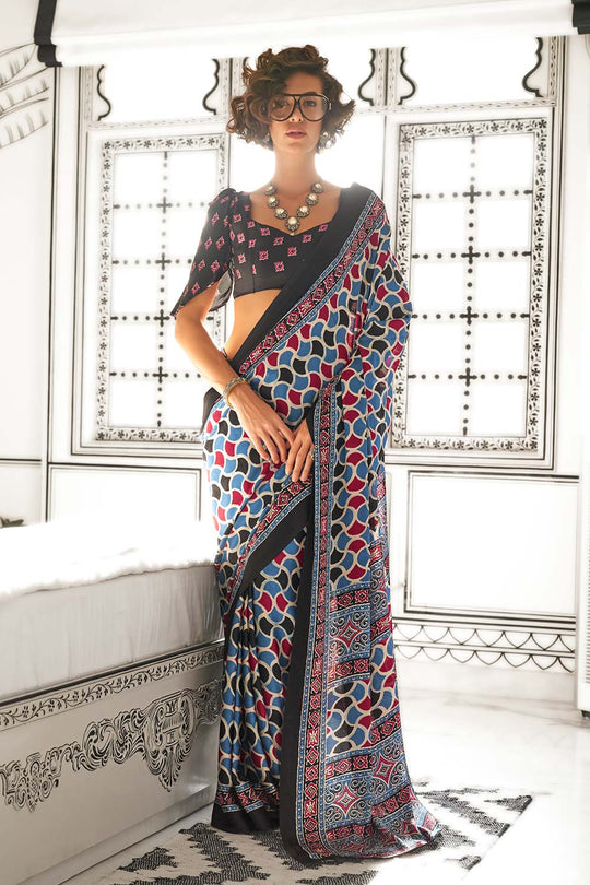 Ojas Ajrakh Grey Satin Crepe Printed One Minute Saree