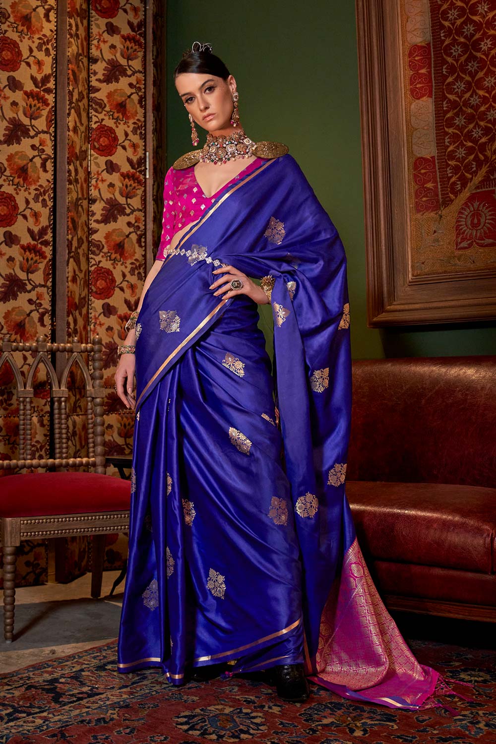 Buy Kanthkala Luxe Dark Blue Satin Designer One Minute Saree Online