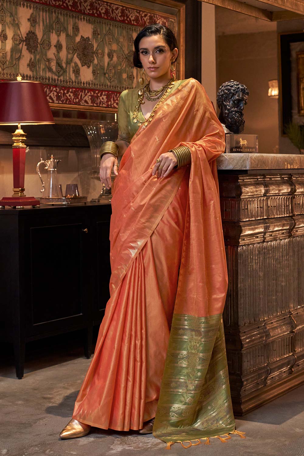 Kallista Orange Silk Foil Print One Minute Saree