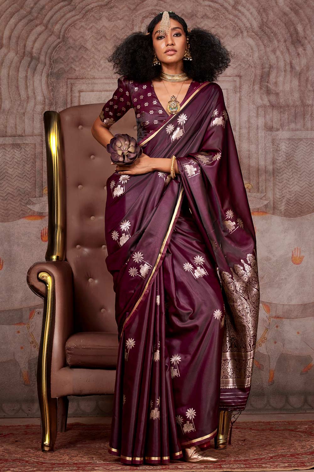 Shayna Pichwai Burgundy Silk Foil Print Saree