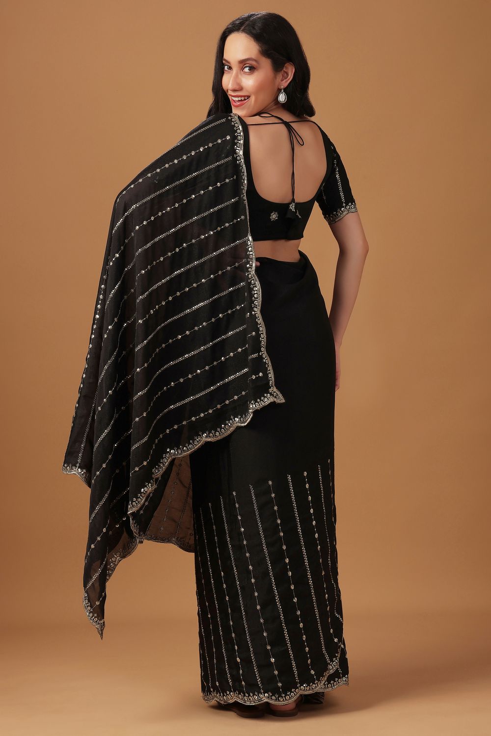 Adriana Black Georgette Zari Embroidered Sequins Ready to Wear Saree