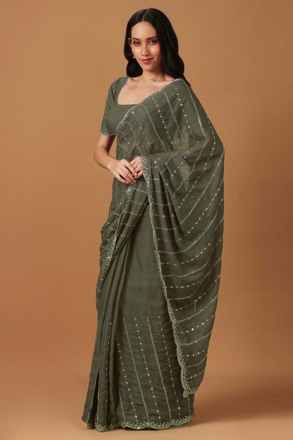 Adriana Olive Georgette Zari Embroidered Sequin Ready to Wear Saree