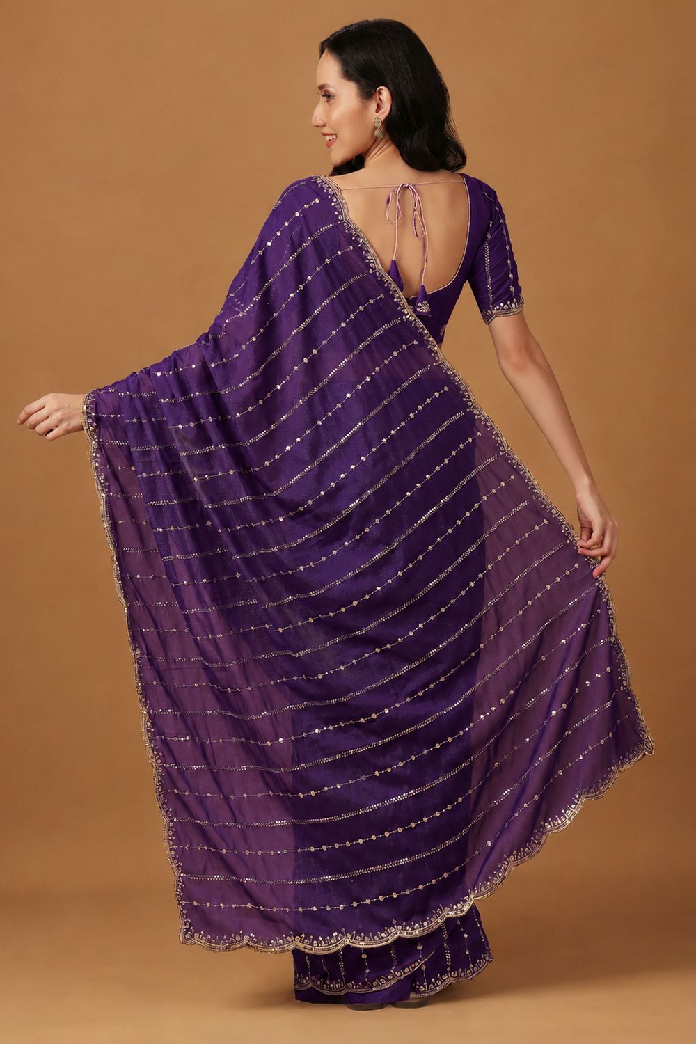 Adriana Purple Georgette Zari Embroidered Sequin Ready to Wear Saree