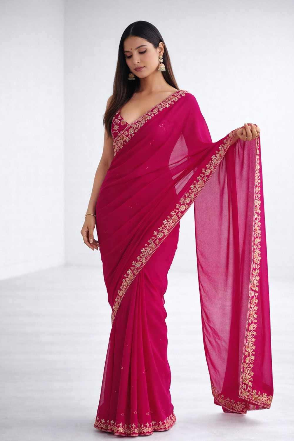 Aarya Pink Vichitra Silk Embellished One Minute Saree