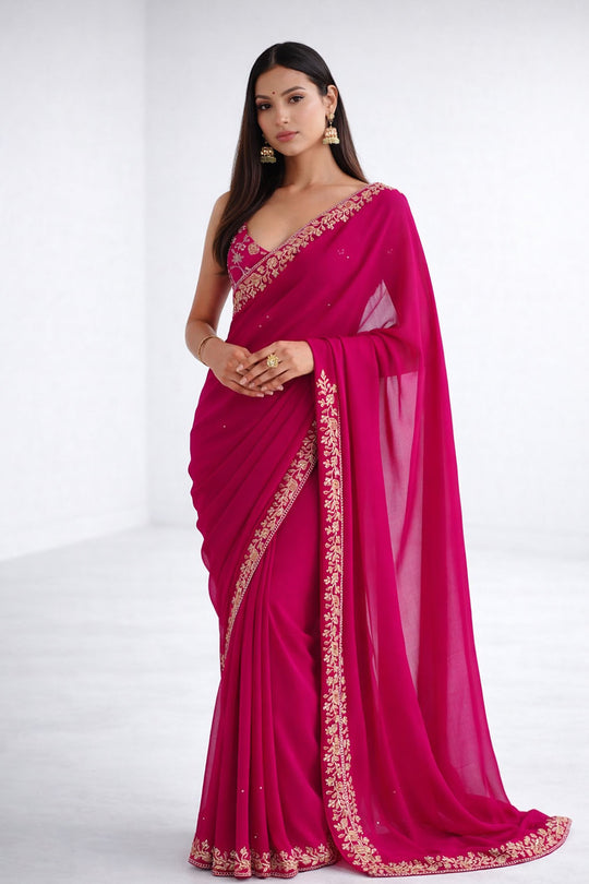 Aarya Pink Vichitra Silk Embellished One Minute Saree