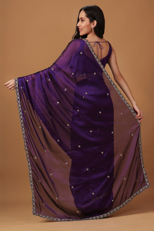 Nina Purple Soft Crepe Zari Thread Embroidered Ready to Wear Saree