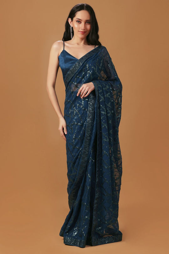 Sabina Teal Georgette Thread &amp; Sequins Work Ready to Wear Saree