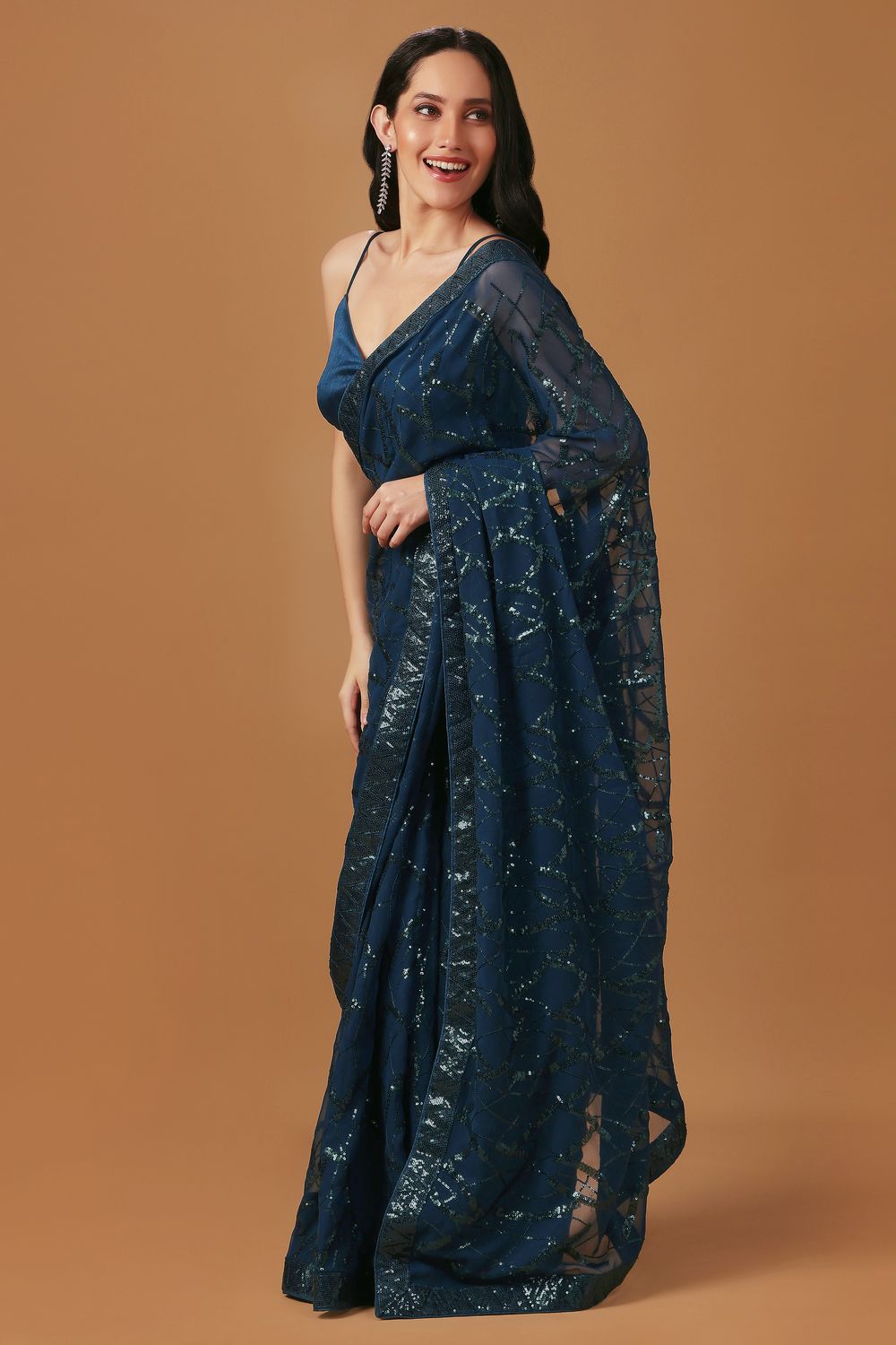 Sabina Teal Georgette Thread &amp; Sequins Work Ready to Wear Saree