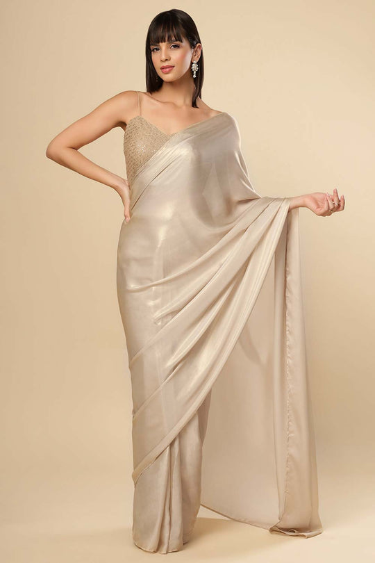 Deva Champagne Gold Silk One Minute Saree Set with Shimmer Blouse