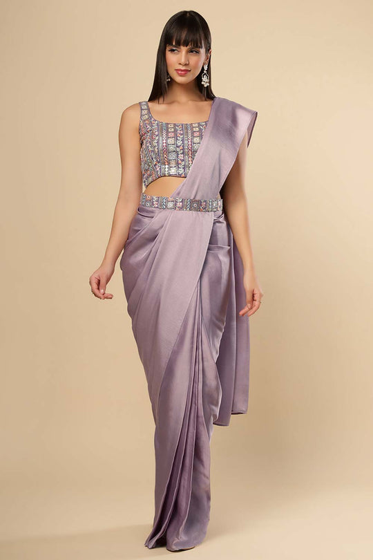 Neri Violet Grey Silk One Minute Saree Set with Shimmer Blouse & Belt