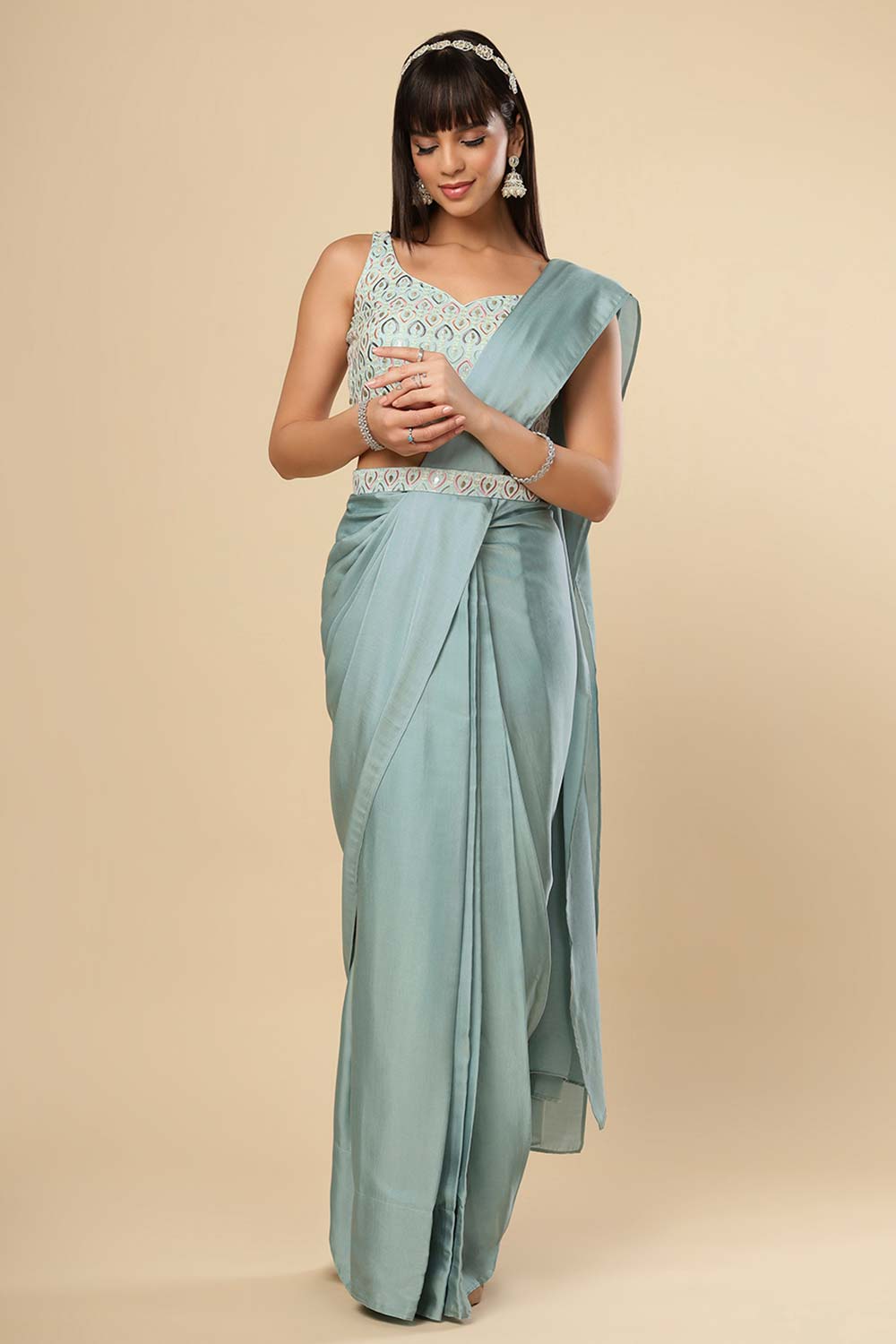 Meriel Silver Turquoise Silk One Minute Saree Set with Shimmer Blouse & Belt