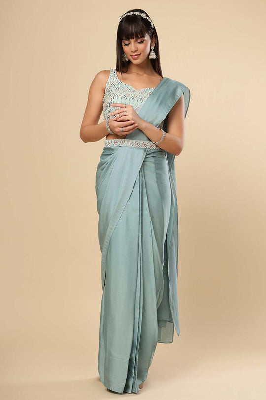 Meriel Silver Turquoise Silk One Minute Saree Set with Shimmer Blouse & Belt