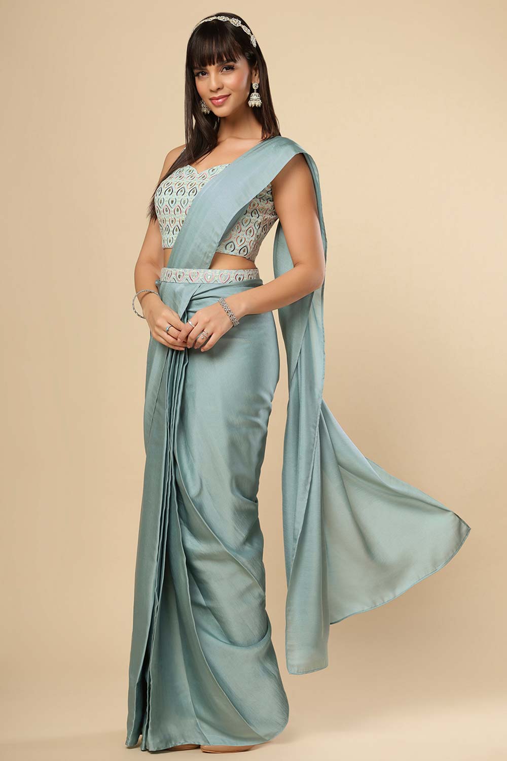 Meriel Silver Turquoise Silk Ready2ship One Minute Saree