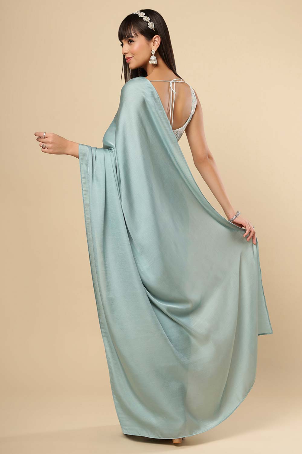 Meriel Silver Turquoise Silk One Minute Saree Set with Shimmer Blouse & Belt